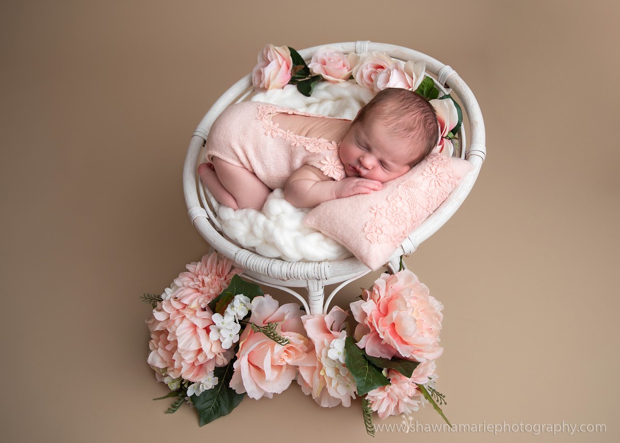 Baby Alivia in Papasan chair with flowers surround it- Greenfield Indiana newborn photographer